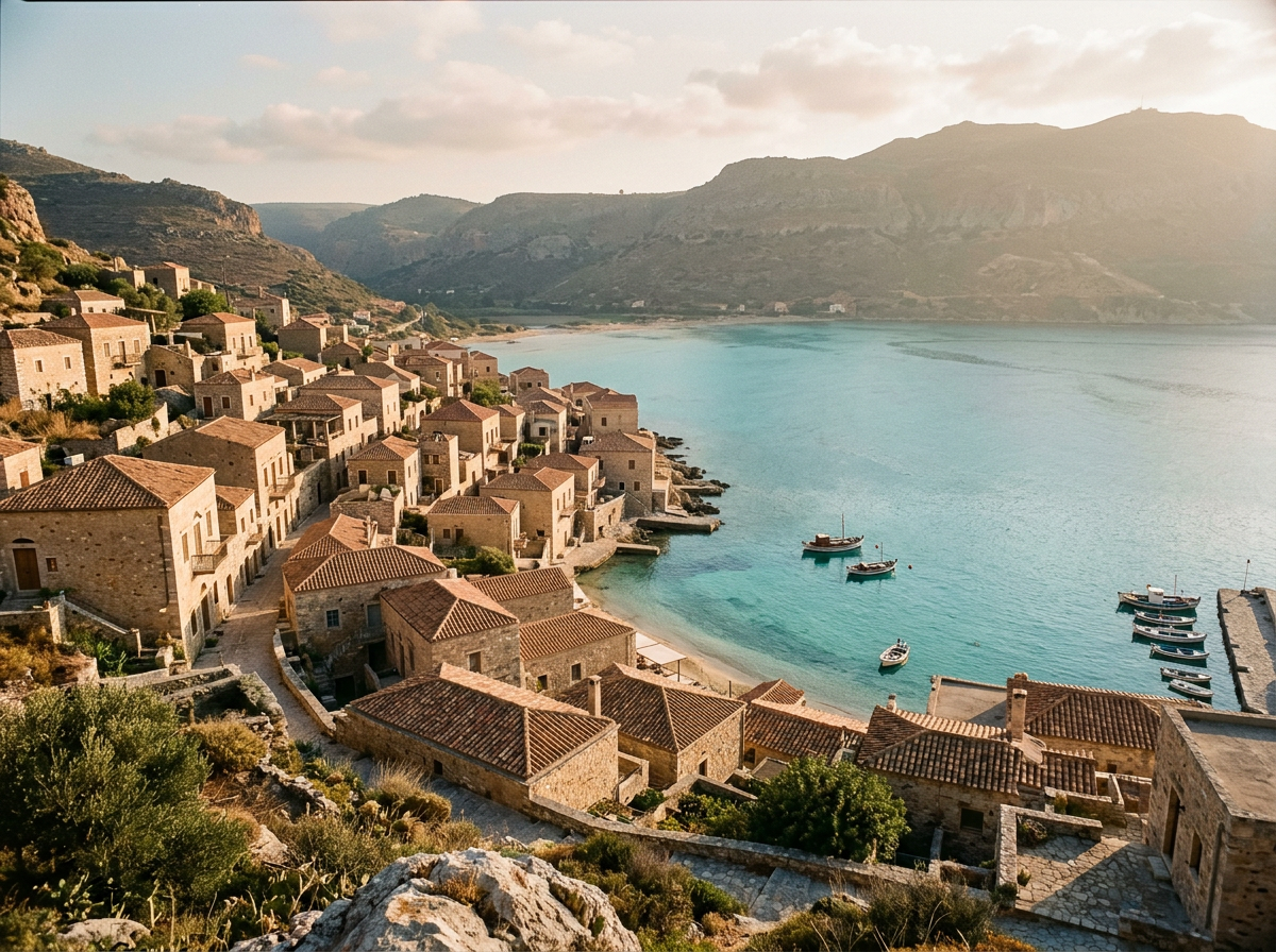 Generated image of terracotta rooftops above a calm turquoise lagoon.